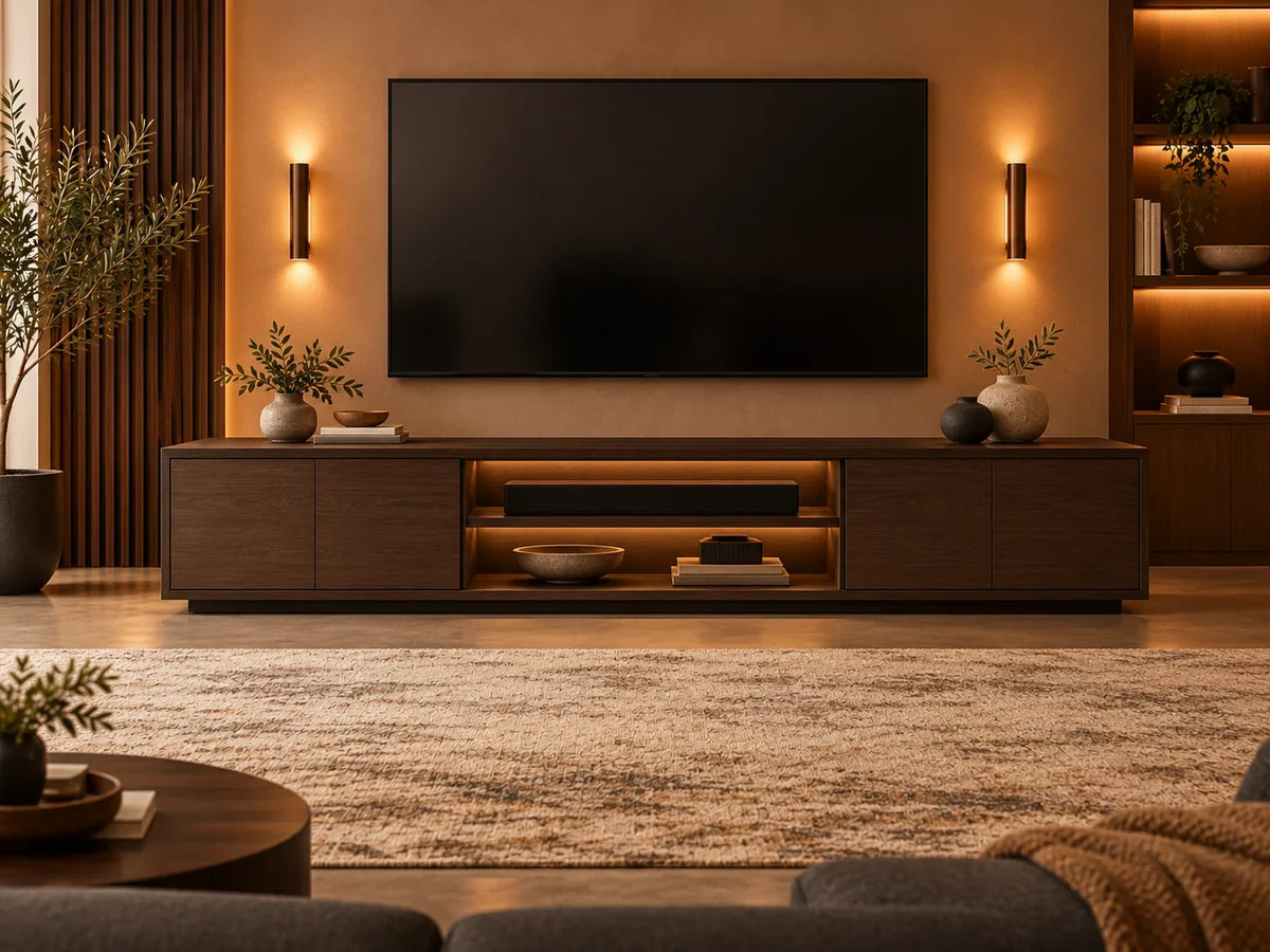 Illustrative premium interior for Theater Haven Entertainment Centers collection; exact products shown separately in listings