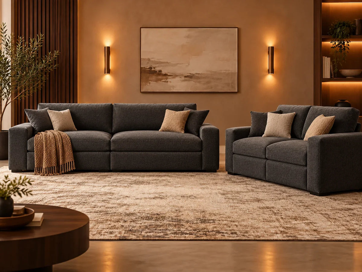 Illustrative premium interior for Theater Haven Sofas and Loveseats collection; exact products shown separately in listings
