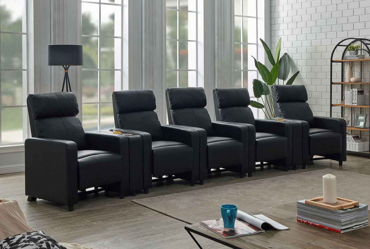 Toohey 7-Piece Home Theater Seating | 5 Recliners + 2 Consoles | Black