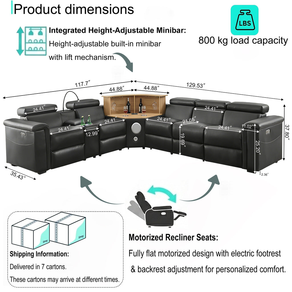 5-Seater L-Shaped Powered Recliner Sectional Sofa with Motorized Lift Cabinet - Black or Dark Grey