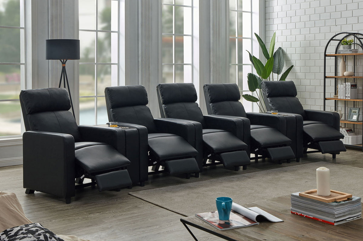 Toohey 7-Piece Home Theater Seating | 5 Recliners + 2 Consoles | Black