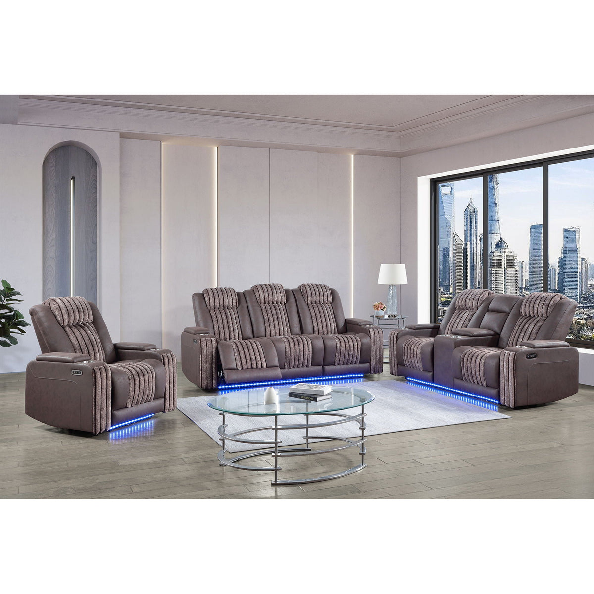 Power Reclining Living Room Set with Adjustable Headrest and LED - Black, Brown, Gray