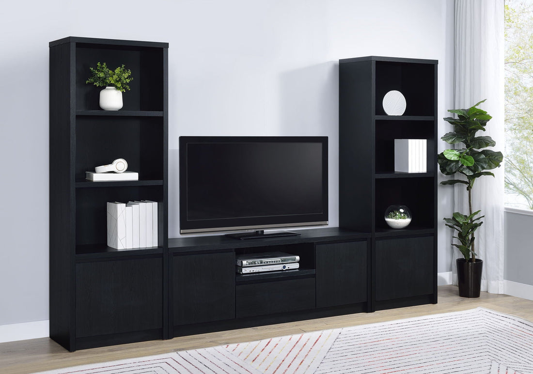 Winfield three-piece entertainment center with matching media towers in Black, supplier product photograph