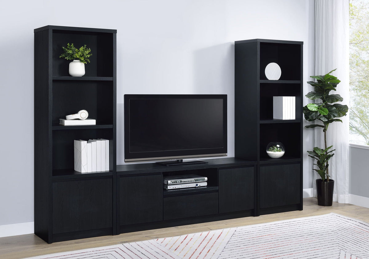 Winfield three-piece entertainment center with matching media towers in Black, supplier product photograph