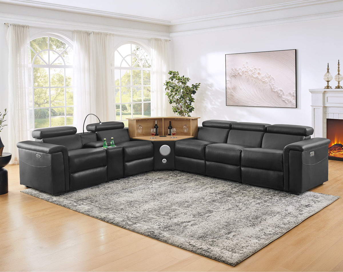 5-Seater L-Shaped Powered Recliner Sectional Sofa with Motorized Lift Cabinet - Black or Dark Grey