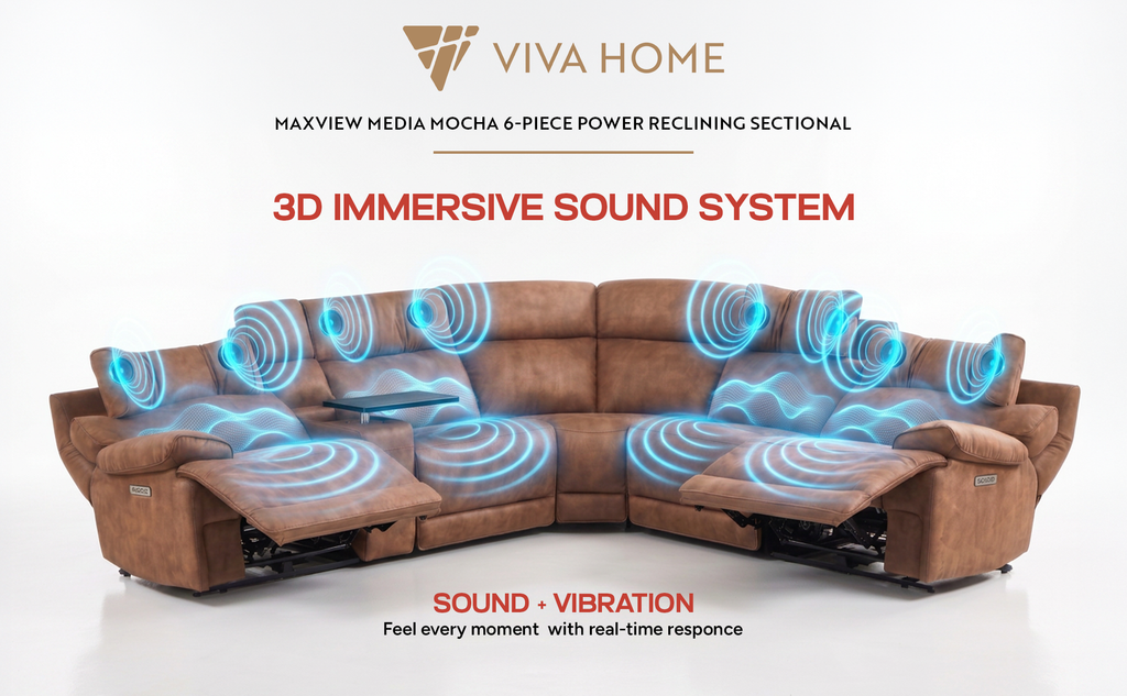 MaxView Media Mocha power reclining sectional and immersive sound system, original supplier product image