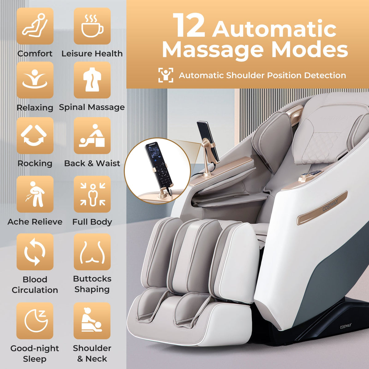 Relaxation 29 full-body massage chair, White finish, supplier product photograph