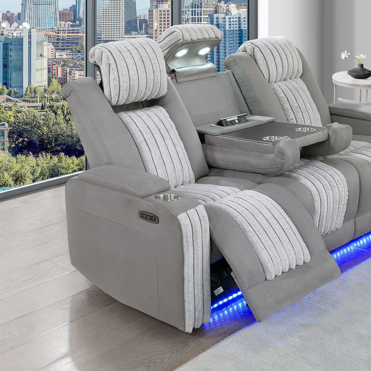 Power Reclining Living Room Set with Adjustable Headrest and LED - Black, Brown, Gray