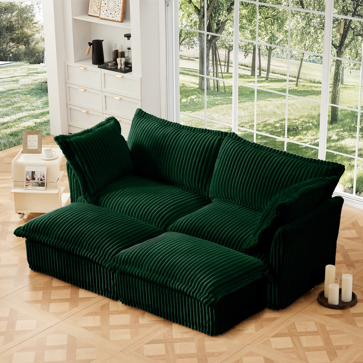Slipcovered 2 Seater Sofa with 2 Ottomans - Corduroy