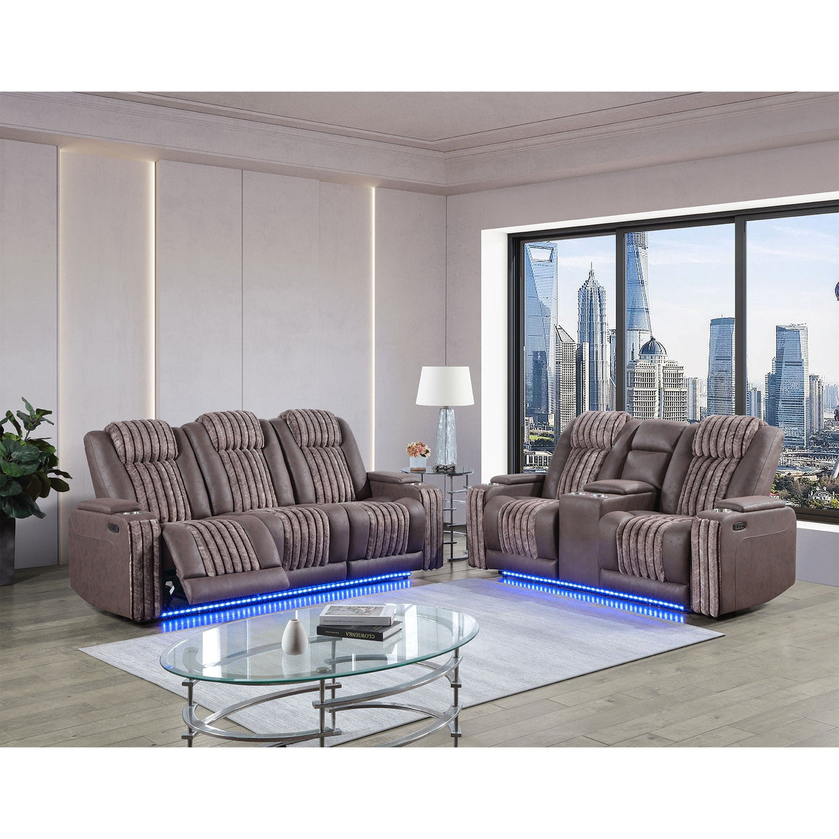 Power Reclining Living Room Set with Adjustable Headrest and LED - Black, Brown, Gray