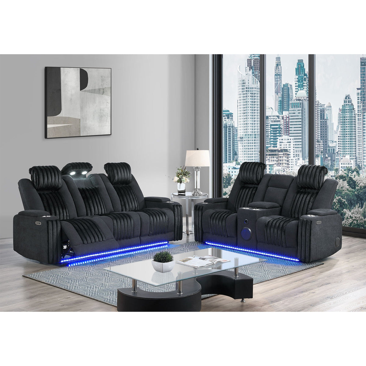 Power Reclining Living Room Set with Adjustable Headrest and LED - Black, Brown, Gray