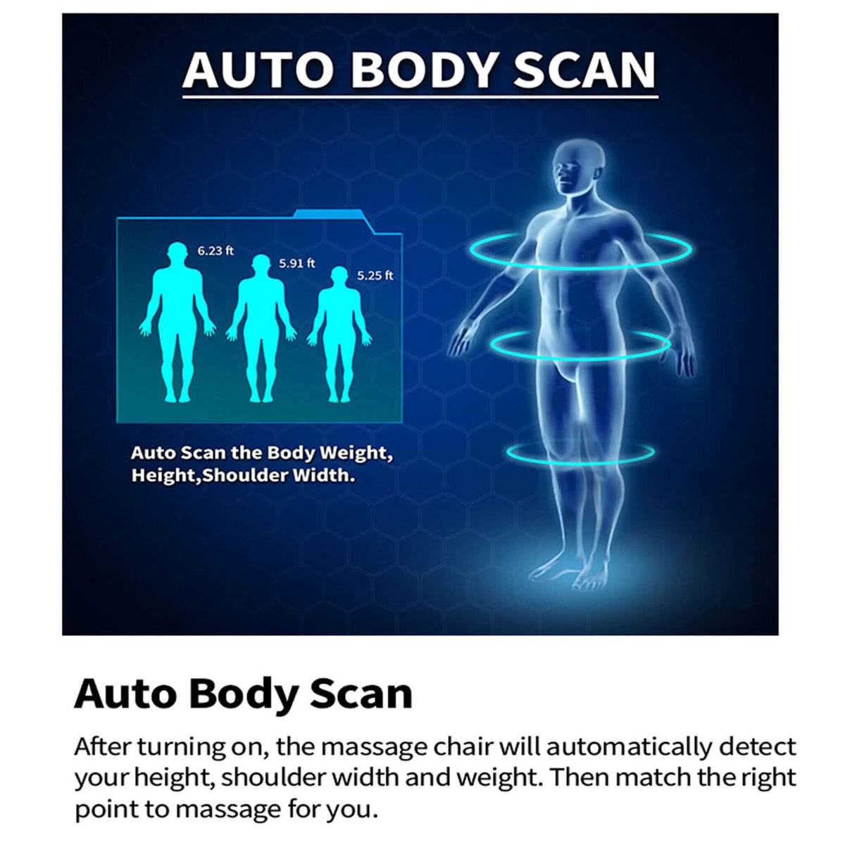 Equinox zero-gravity massage chair, automatic body-scan feature diagram