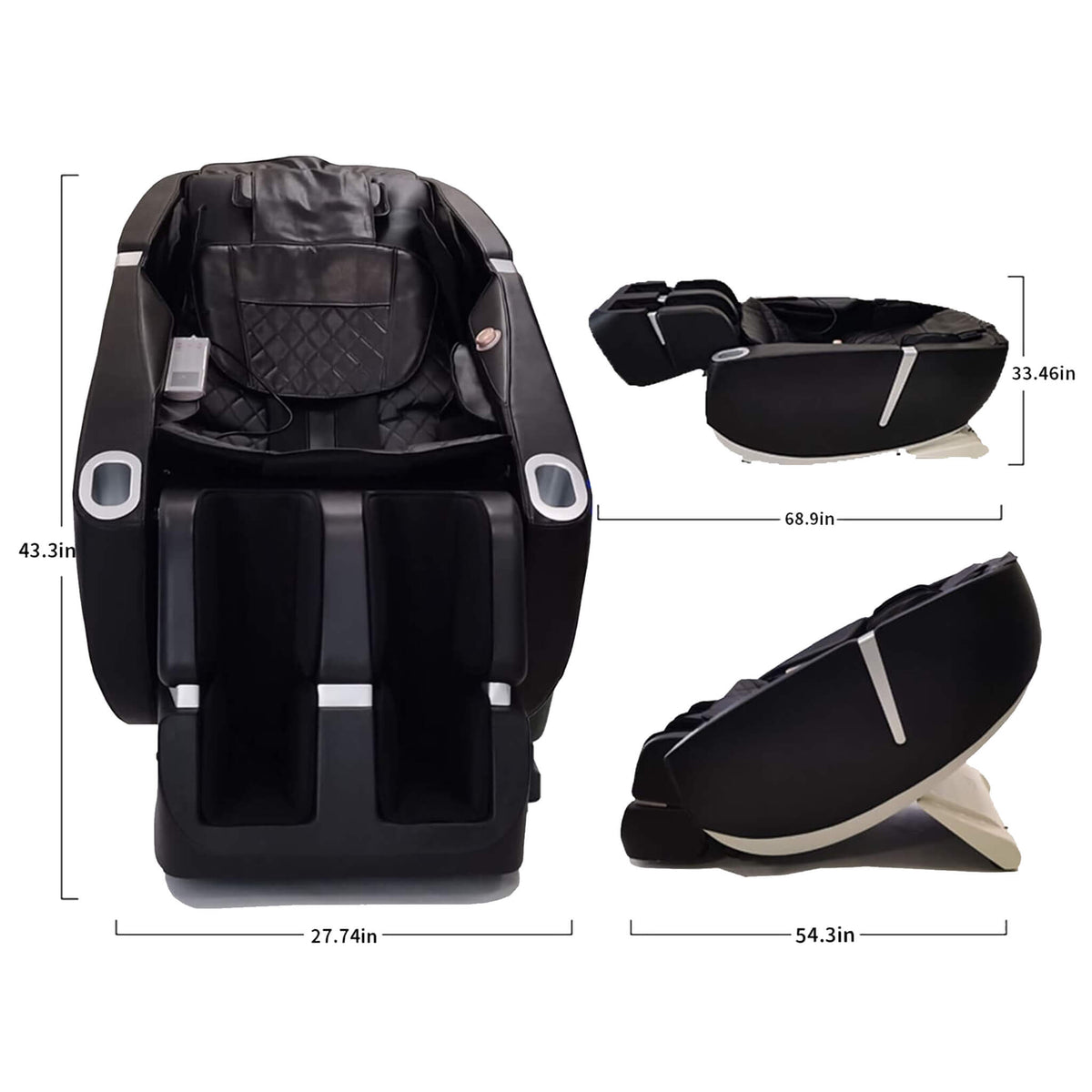 Equinox zero-gravity massage chair, manufacturer dimensions diagram
