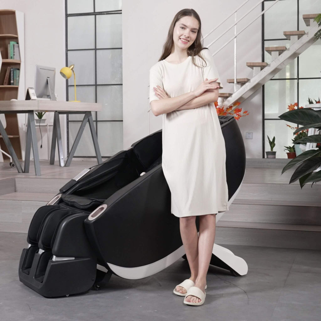 Equinox zero-gravity massage chair photographed in a home setting