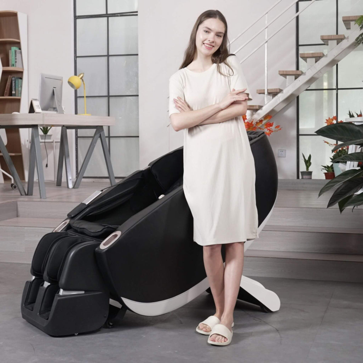 Equinox zero-gravity massage chair photographed in a home setting