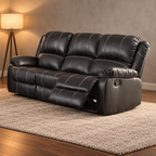 Black three seat manual reclining sofa in a styled living room