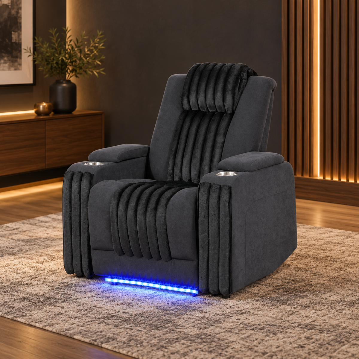 Power Recliner Chair with Power Headrest and LED Lighting - Black, Dark Brown, or Dark Gray in a styled interior setting