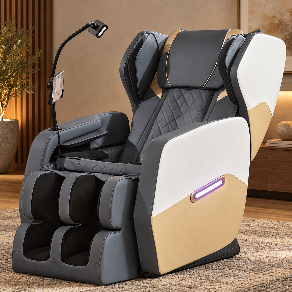 Gold+White Massage Chair Recliner with Zero Gravity and Full Body Air Pressure in a styled interior setting