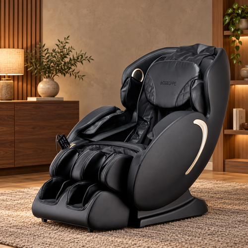 Black 3D zero gravity massage chair in a styled interior setting